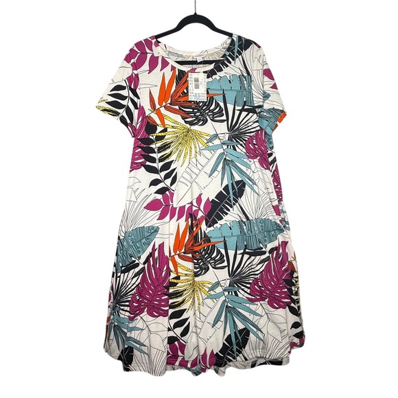 LulaRoe Jessie Dress XL White Colorful Tropical Leaf Print Short Sleeve - Picture 1 of 4